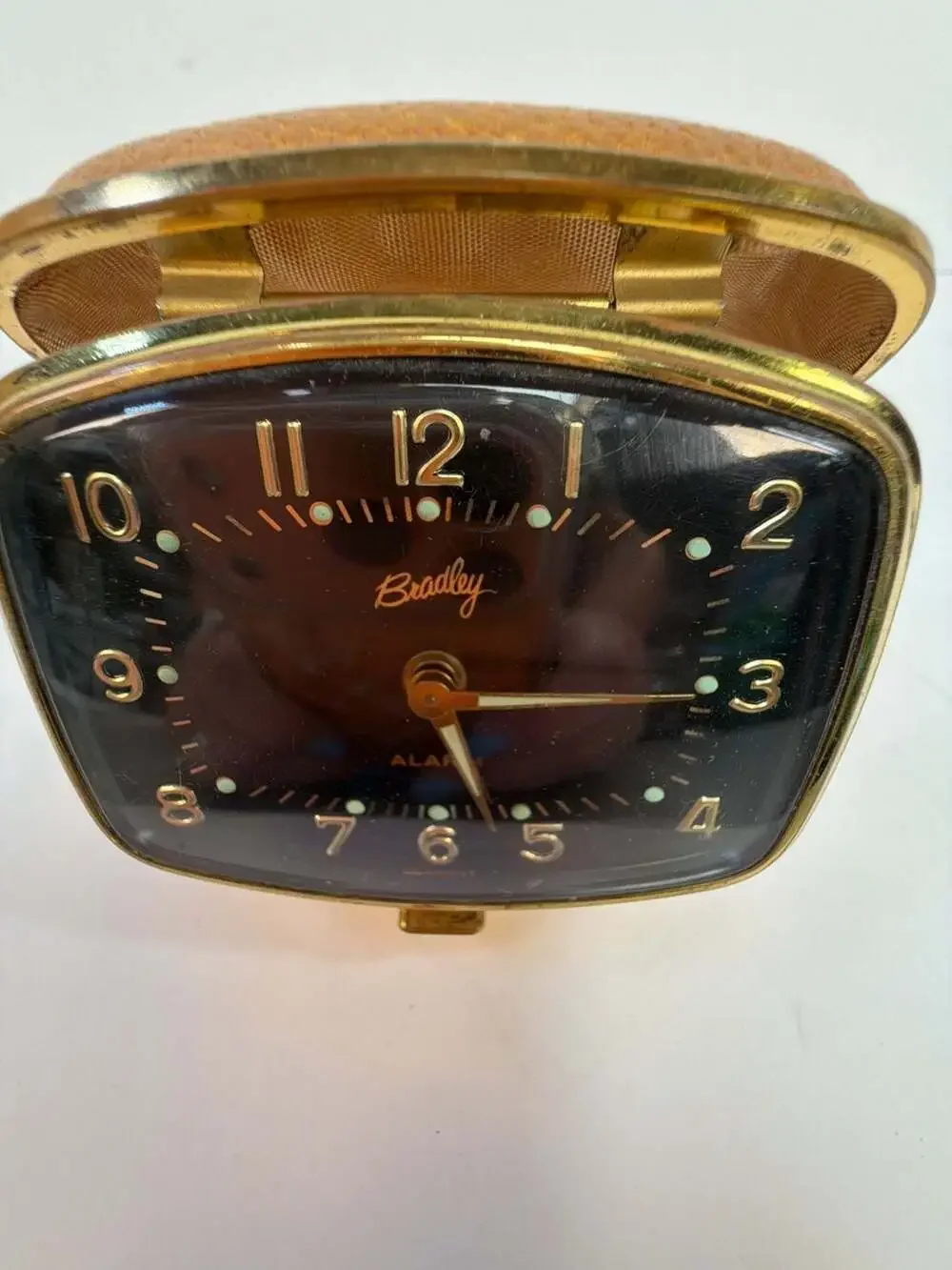 Vintage Bradley Wind-Up Clamshell Travel Alarm Clock, Gold-Tone & Tan Leather Ca